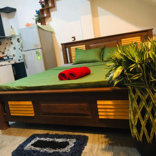 a bed with a red pillow on top of it at Nehan Villa in Pelena