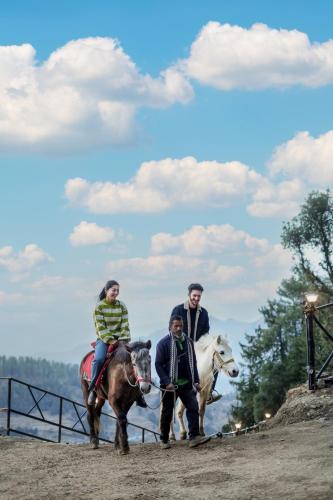 a group of people riding horses down a hill at The Bagh Kufri in Kūfrī