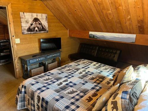 ein Schlafzimmer mit einem Bett und einem TV in einer Hütte in der Unterkunft Luxury Cabin HotTub, Hiking, Fire Pit, Game Room in Ellijay
