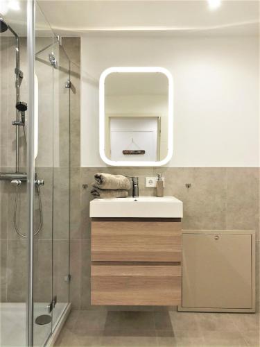 a bathroom with a sink and a shower at Lifestyle Apartment in Schwabach