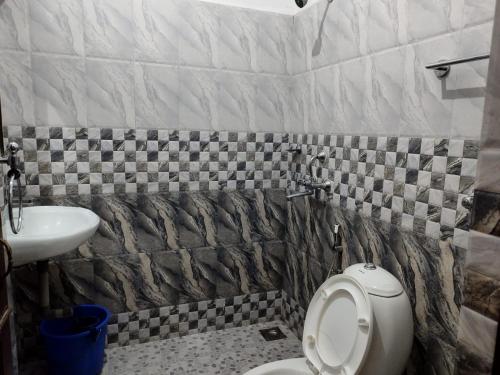 a bathroom with a toilet and a sink at Calangute Rocks Inn in Calangute