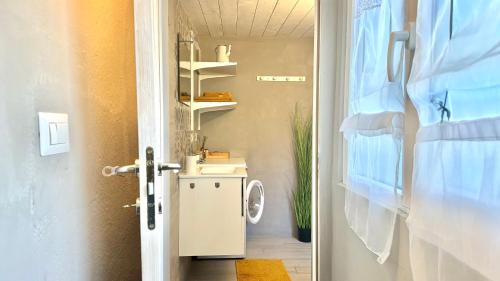 a bathroom with a sink and a toilet in a room at Ca' Balenga - Centralissimo con posto auto coperto gratuito in Asti