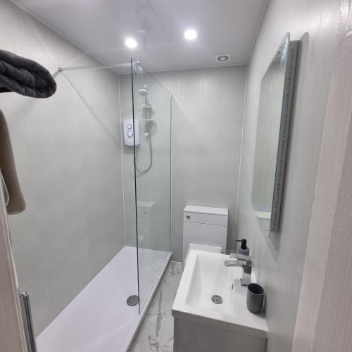 a white bathroom with a shower and a sink at Cove Bay 1 Bed Flat in Largs