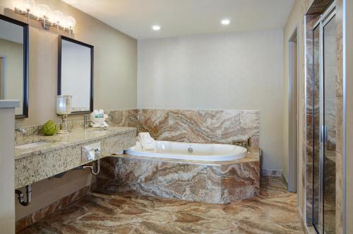 a large bathroom with a tub and a mirror at Pomeroy Inn and Suites Vermilion in Vermilion