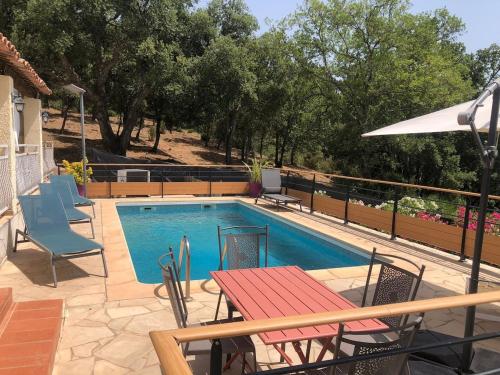 - une piscine avec une table et des chaises à côté dans l'établissement la Maison du Bonheur, à Vidauban