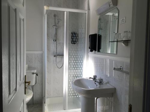 uma casa de banho branca com um lavatório e um chuveiro em Westwinds Guestlodge em Galway
