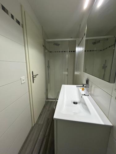 a white bathroom with a sink and a shower at Moderno appartamento a Tenero in Tenero