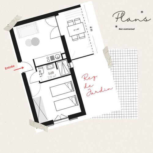 un plan d'étage d'une petite maison avec un floorplan dans l'établissement T2 Cyprien, Climatisé, piscines, resto, 5mn plages, à Lecci