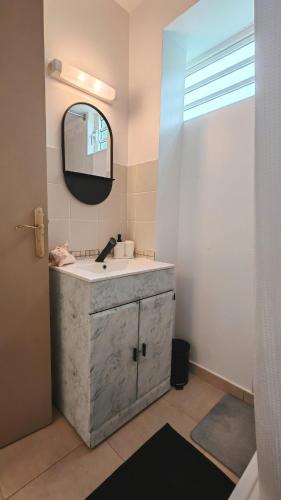 a bathroom with a sink and a mirror at Evasion verte - Villa 3 chambres à Rivière Pilote in Rivière-Pilote