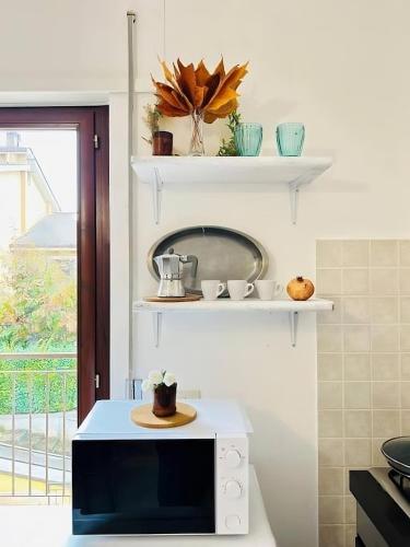 a kitchen with a microwave on a counter at Appartamento con Vista Panoramica e Garage Ideale per Famiglie 4 Persone in Fiuggi