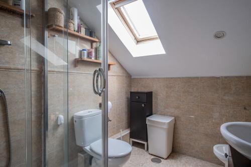 a bathroom with a toilet and a sink and a skylight at Habitacion tranquila in Alpedrete