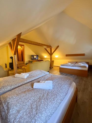 two twin beds in a room with a attic at Penzion Čítkův Mlýn in Šluknov