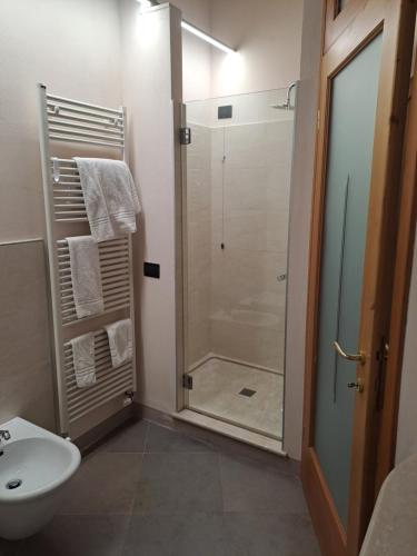 a bathroom with a shower and a toilet and a sink at Agriturismo Cascina Farisengo in Stagno Lombardo