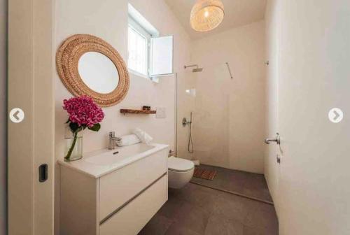 a bathroom with a sink and a toilet and a mirror at Modern trulli with a beautiful new pool in Ceglie Messapica