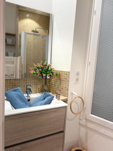 une salle de bain avec un lavabo et un miroir dans l'établissement NEPTUNE AP4453 By Riviera Holiday Homes, à Villefranche-sur-Mer