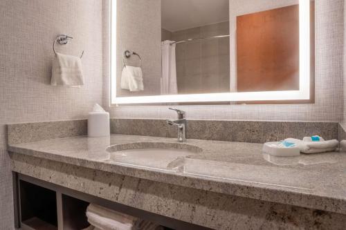 a bathroom with a sink and a mirror and towels at Drury Plaza Hotel College Station in College Station