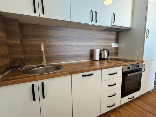 kuchnia z białymi szafkami i zlewem w obiekcie Apartment Alex w Dobrej Vodzie