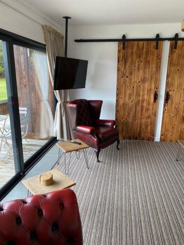 a living room with a red chair and a television at Wheal Rock - Luxury 2 Bed Lodge in St. Agnes