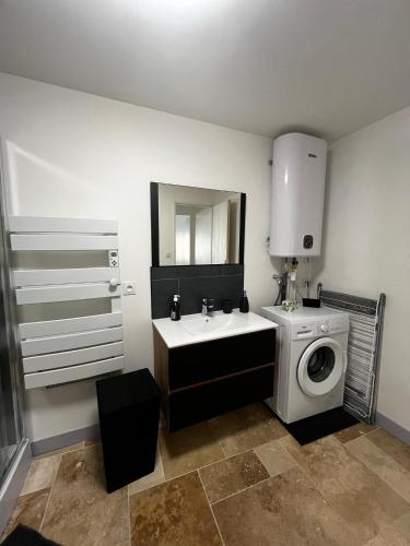 une salle de bain avec une machine à laver et un lavabo dans l'établissement Maison de village rénovée, à Lédignan