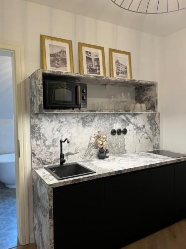 a kitchen with a sink and a microwave at Residence Polonia - LAST available dates in Karlovy Vary