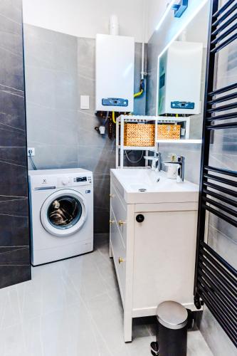 a laundry room with a washing machine and a washer at 2 bedrooms and 1 living room Your modern home in Budapest in Budapest