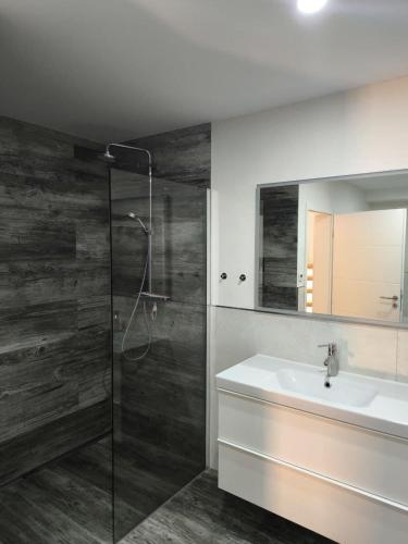 a bathroom with a sink and a shower with a mirror at Messezimmer nähe Messe in Hannover