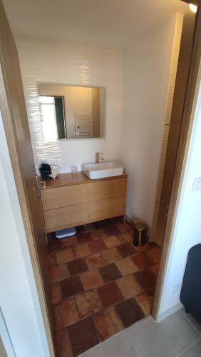 une salle de bain avec un lavabo et un miroir dans l'établissement La tanière des trois Ogres, à 10min du Futuroscope, à Beaumont