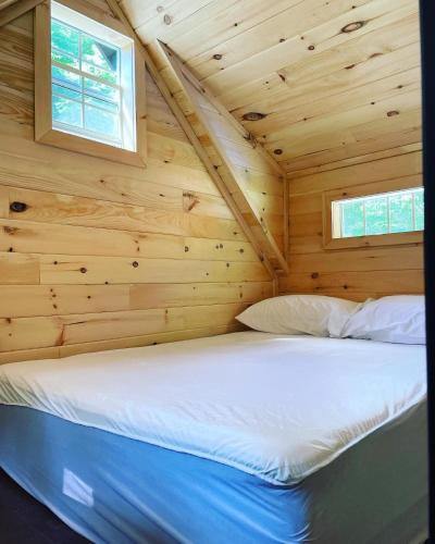 a bed in a log cabin with two windows at Off Grid Wildwood Bunkies in Bailieboro