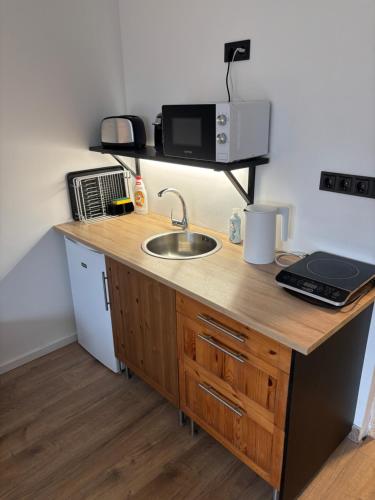 a kitchen with a counter with a sink and a microwave at Benjamin Apartman in Budapest