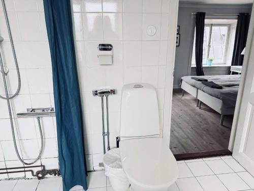 a bathroom with a toilet and a bed in a room at Spacious flat for large group in Stockholm