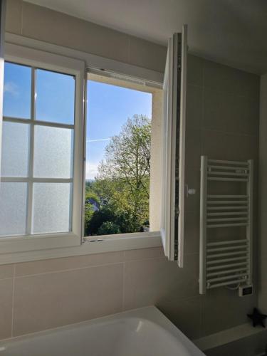 a bathroom with a bath tub and a window at Cati's greenhouse - chambre d'hôtes cosy et calme à 700m du RER B in Bures-sur-Yvette