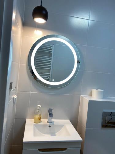a bathroom with a sink and a mirror at Bulwar17 in Krynica Morska
