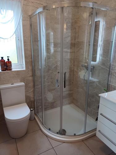 a shower stall in a bathroom with a toilet at Sleepy Hollow B&B in Donegal