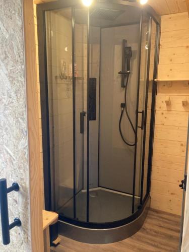 La salle de bains est pourvue d'une cabine de douche en verre. dans l'établissement Chalet de montagne 10 voyageurs prés de Font-Romeu 1600m, à La Cabanasse