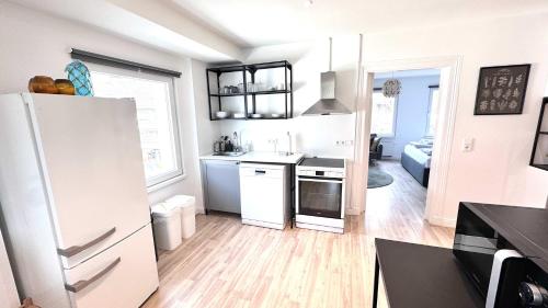 a kitchen with a white refrigerator and a counter top at Loft Hof Hamburg Central near UKE NDR ZOO in Hamburg