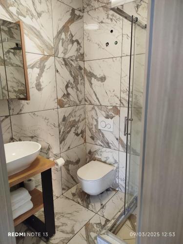 a bathroom with a toilet and a glass shower at Melek in Medulin