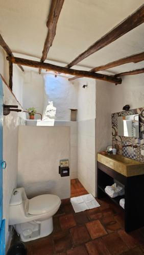 a bathroom with a white toilet in a room at Casa Raisol Barichara in Barichara