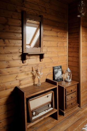 a room with a wooden wall with a mirror and a tv at Wild&Free Private Lake in Nagycsepely