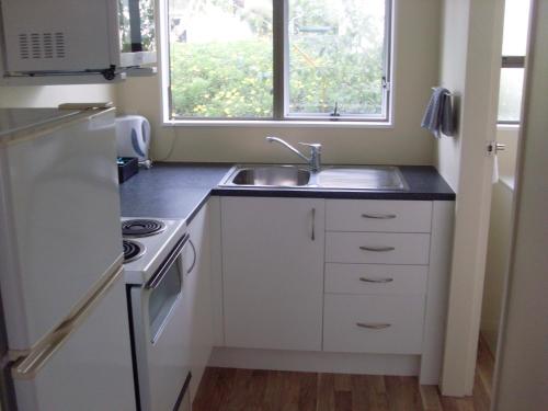 a small kitchen with a sink and a window at Motel 22 in Lower Hutt