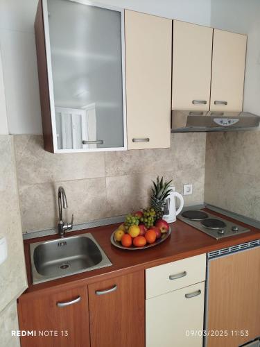 a kitchen with a sink and a bowl of fruit at Melek in Medulin