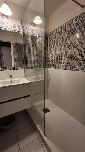 une salle de bain avec douche et lavabo dans l'établissement Résidence le Hameau de Cap Esterel - maeva Home - Studio 5 Personnes - Sélection MAE-7944, à Saint-Raphaël