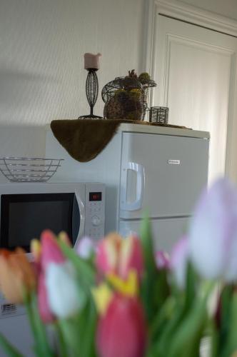 a microwave oven with a bowl on top of it at Vakantiehuis De Horizon in Reningelst