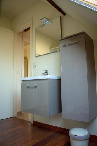 a bathroom with a sink and a mirror at Vakantiehuis De Horizon in Reningelst