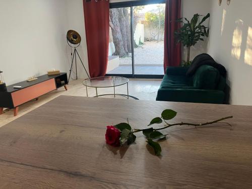 une rose posée sur un lit dans une chambre dans l'établissement Le petit Mas, à Nîmes