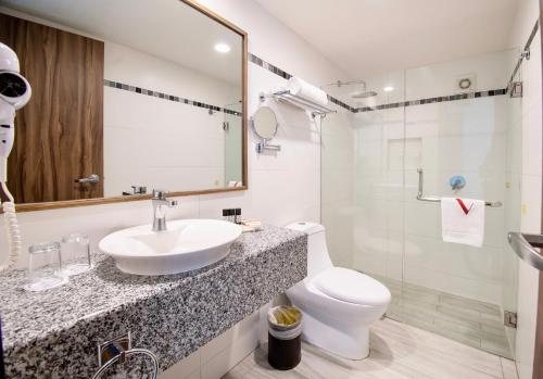 a bathroom with a sink and a toilet and a mirror at Hotel Velvet Plaza in Guadalajara