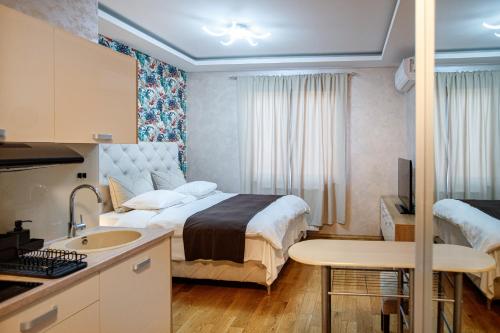 a hotel room with a bed and a sink at JEZERSKA RESIDENCE Palić in Palić