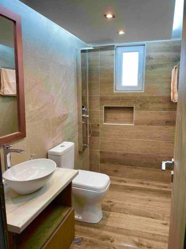 a bathroom with a toilet and a sink and a shower at Villa Voleonas-private pool & olive grove Chania in Kounoupidhianá