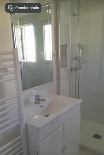 une salle de bain avec un lavabo, un miroir et une douche dans l'établissement Maison village occitan accès direct à la plage, au Cap d'Agde