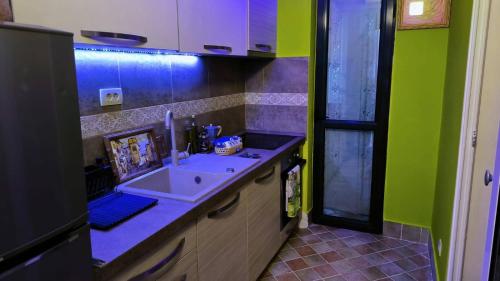 a small kitchen with a sink and green walls at Apartament - Lisa in Budva