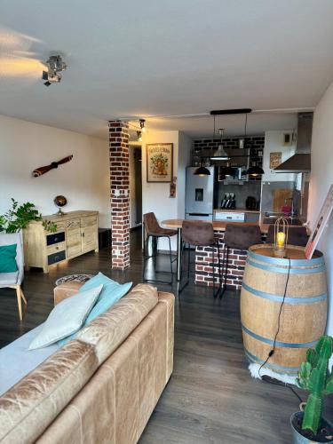 Il comprend un grand salon avec un canapé et une cuisine. dans l'établissement Le Toulousain T3 Parking Calme, à Toulouse